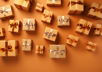 Top view of the gold color gift boxes on an orange-golden color background. Black Friday discount offer.  New Year, birthday. Greeting card, present, web banner background AI generated image.