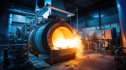 Papier Peint photo Feu Industrial furnace with vibrant flames in a modern, imposing setting. Stainless steel create a hazardous environment