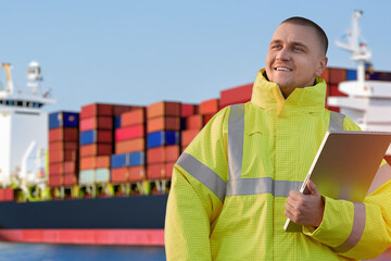 A smiling seafarer in a safety suit works as an offshore technician in a container terminal, using...