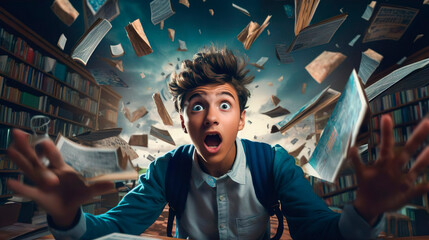 Very excited school boy guy male student has a great brilliant idea. Floating flying books and library shelves background. Male student creative new solution. Brainstorm idea imagination innovation - obrazy, fototapety, plakaty