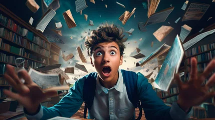 Foto op Plexiglas Very excited school boy guy male student has a great brilliant idea. Floating flying books and library shelves background. Male student creative new solution. Brainstorm idea imagination innovation © Irina
