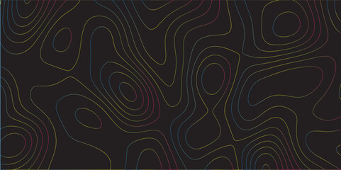 Abstract black colorful gradient Topographic line map pattern background. Contour elevation topographic and textured Background .Wavy banner gradient color geometric form. Vector illustration.