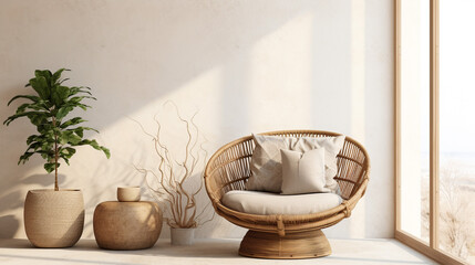Rattan chair with large cushions against a background of beige plaster. Country house, the interior design of the modern living room. Cozy interior. Beautiful background.