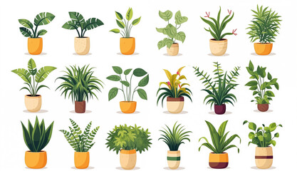 collection of home plants on white background