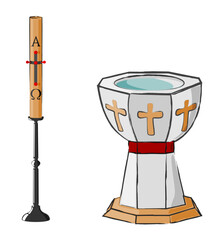 Stone baptismal font and paschal candle on a candlestick