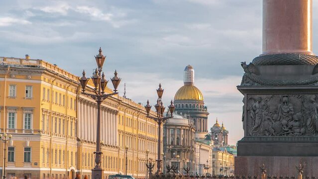 At sunset, Saint Petersburg's largest cathedral, Saint Isaac's Cathedral, from Palace Square in this captivating timelapse. Completed in 1858, it stands as a city landmark. Dramatic clouds