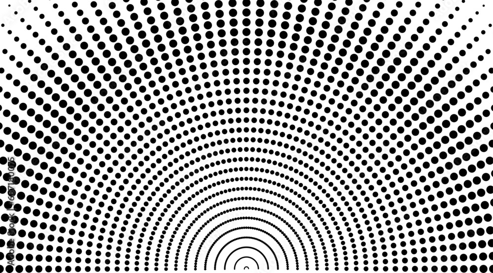 Poster Abstract circular halftone dots background vector design. Black and white circle lines pattern, sun rays, sunburst  