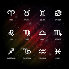 Set of vector zodiac signs, icons with captions, on colorful space background