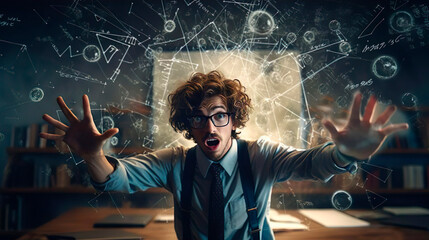 Crazy professor teacher scientist comes up with a new formula for substance. A man creative solution to the problem while teaching in the campus of a college or university. Brainstorm idea imagination - obrazy, fototapety, plakaty