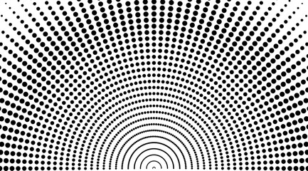 Abstract circular halftone dots background vector design. Black and white circle lines pattern, sun rays, sunburst  