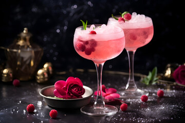 Pink gin cocktails with raspberries, romantic setting with roses and soft lighting. Rose drinks with berry garnish on dark background. Valentine's beverages, pink hues, celebration date night concept
