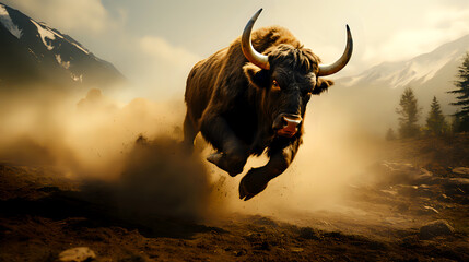 charging bull kicking up dust with a backdrop of misty mountains and trees, displaying power and motion
