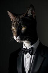 a cat in a tuxedo is looking at the camera while wearing a suit and bow tie with a black background