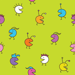 Colorful fantasy characters, little monsters, seamless pattern