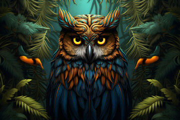 illustration of colorful owl in the night - green leaf on the background 