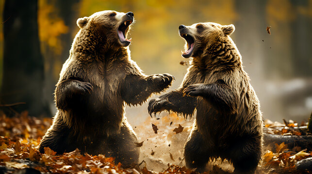 two brown bears standing upright facing each other, with their mouths open as if roaring, surrounded by autumn leaves