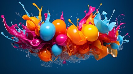 An abstract composition of vibrant water balloons bursting in mid-air, creating a playful and colorful explosion.
