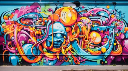 An abstract composition of colorful graffiti on an urban wall, showcasing the expressive and vibrant street art culture. - obrazy, fototapety, plakaty