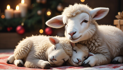 Two sleeping baby sheep and mother sheep, Christmas mood, Generative Ai
