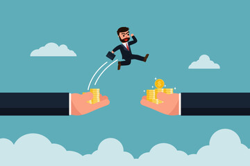 A businessman jumps from a hand with fewer gold coins to a hand that offers more gold coins. Changing jobs or moving into a higher-paying or better-paying job. Vector illustration - obrazy, fototapety, plakaty