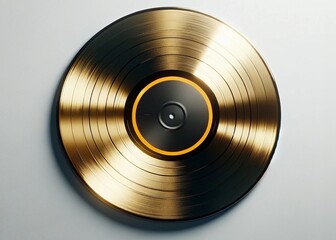 Golden vinyl record on a light wall. Symbols of a music award. Generative Ai.
