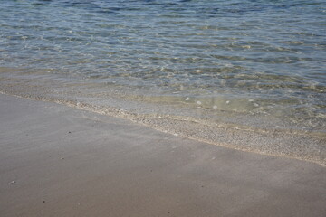 Mediterranean seashore in winter. Calm sea waves on sandy beach.