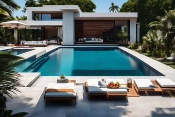 s modern house and its luxurious pool,