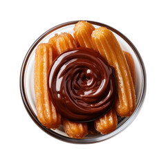 Top View of Churros with Chocolate Sauce Isolated on Transparent or White Background, PNG