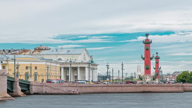 Timelapse of Cloudy Sky over Strelka - Spit of Vasilyevsky Island with Old Stock Exchange and Rostral Columns, Saint Petersburg, Russia