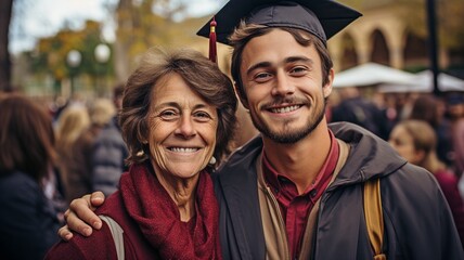 Fototapeta premium Graduate of college son embracing delighted mother while snapping a selfie.
