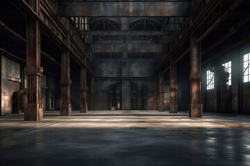 The empty expanses of an abandoned warehouse are highlighted by beams of light piercing through the windows, creating a dramatic interplay of shadow and illumination