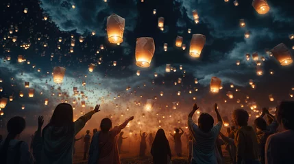 Fotobehang Sky Lantern Release: A portrait of a group releasing sky lanterns into the night sky during a celebratory event, symbolizing hopes and dreams. © Lila Patel