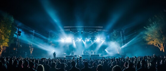 Rock event in a crowded outdoor setting, illuminated by festival lights, with a band of musicians performing on stage. - obrazy, fototapety, plakaty