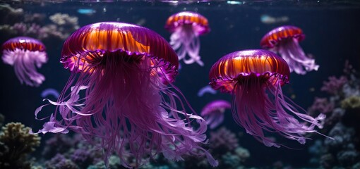 jelly fish in the aquarium.The vibrant purple jellyfish dances through the water, its glowing body casting an otherworldly light in the aquarium