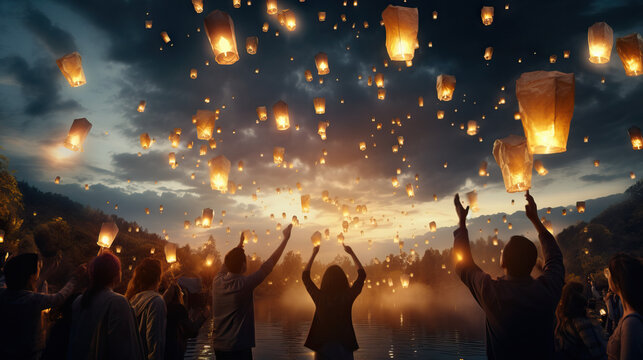 Sky Lantern Release: A portrait of a group releasing sky lanterns into the night sky during a celebratory event, symbolizing hopes and dreams.