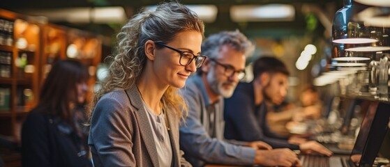 Students and a female college professor are utilising laptops in the science lab..