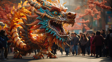 Dragon dance parade for Chinese culture for year of the dragon. Concept of costume, party, celebration, Chinese culture.