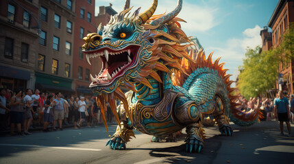 Fototapeta premium Dragon dance parade for Chinese culture for year of the dragon. Concept of costume, party, celebration.