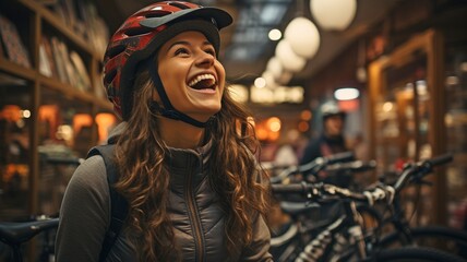 Happy woman in store snapping a selfie and testing on a helmet on her smartphone. - obrazy, fototapety, plakaty