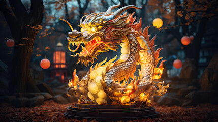Naklejka premium Glowing dragon statue for the Year of the Dragon. Concept of Illuminated Celebrations