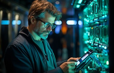IT specialist utilising a digital tablet in the network server room .