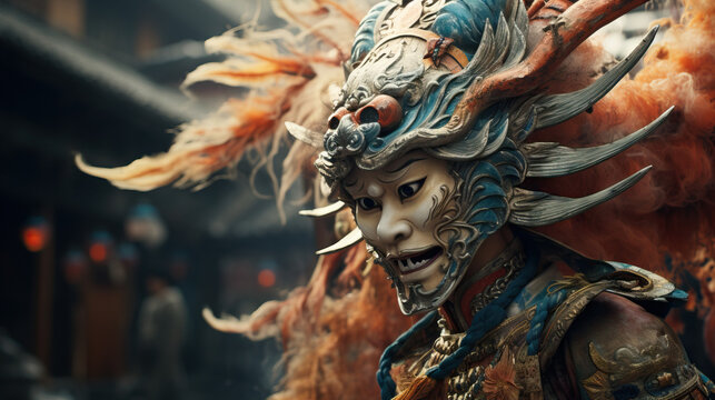 Dragon face mask. Person in costume for parade for year of the dragon. Concept of Dragon face mask. Person in costume for a parade for the Year of the Dragon. Concept of Festive Celebrations.