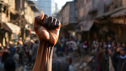 Fototapeta na wymiar Raised fist of a black person in protest against war and revolution. Crowd fighting and protesting in the streets with fists raised against racism and racial discrimination, freedom, justice and peace