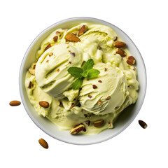 Top View of Pistachio Gelato in a Bowl Isolated on Transparent or White Background, PNG