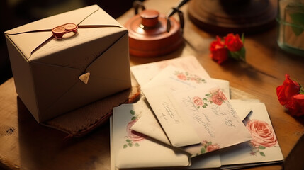 Handwritten letters on a table for Valentine's Day. Love letters. Concept of nostalgia, heartfelt messages, sentimental gestures, timeless romance.