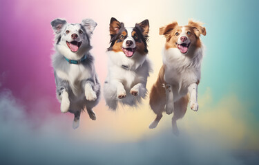 Cute happy pets dogs jumping, flying on studio background