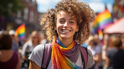 Fototapeta premium LGBT Pride Festival: a nonbinary gender student wearing a rainbow flag on their face.