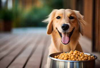 Cute dog sitting next to bowl with food