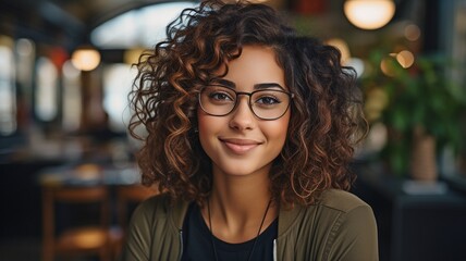 A coffeehouse with a portrait of a woman wearing spectacles who is facing the camera. - Powered by Adobe