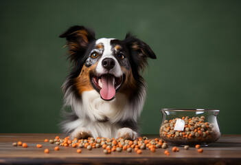 Cute dog sitting next to bowl with food